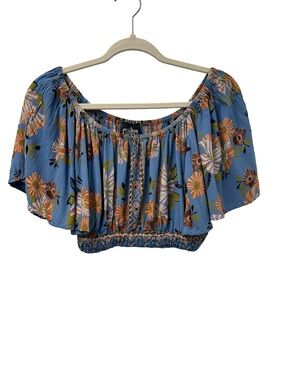 Angie Blue Floral Off-the-Shoulder Smocked Crop Blouse